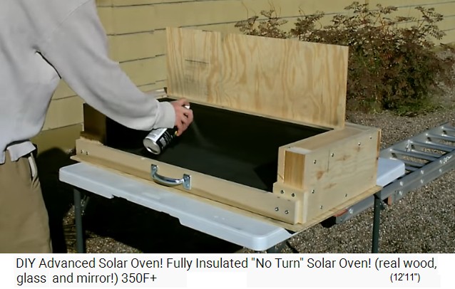 The interior of the solar oven is sprayed
                  in black