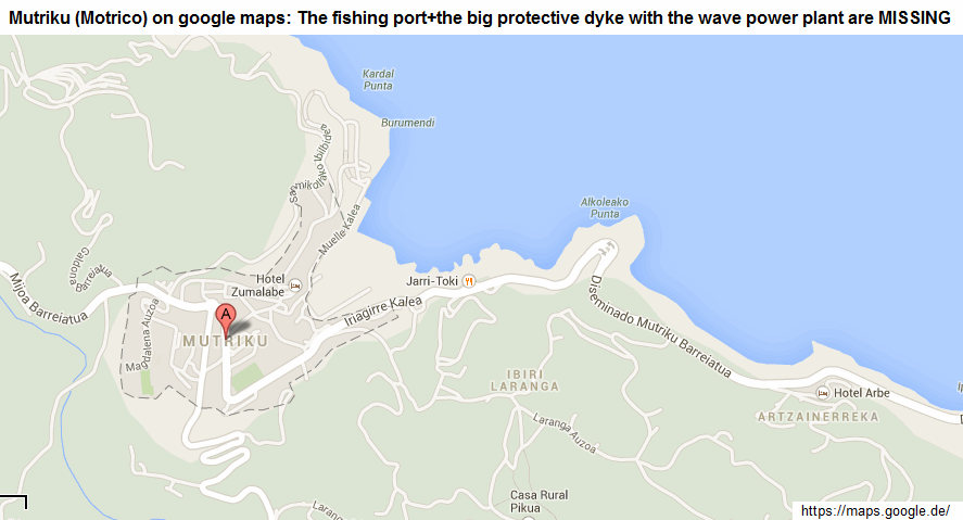 Mutriku (Motrico) on the map of google
                            maps: The fishing harbor, the big protective
                            dike and the wave power plant are missing