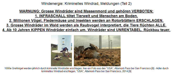 Kriminelles Windrad Meldungen 02: Erschlagene
                      Adler am Altamont-Pass in Kalifornien