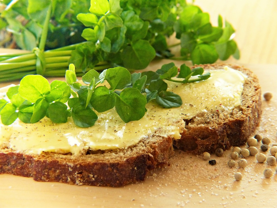 Watercress on a slice of bread and butter