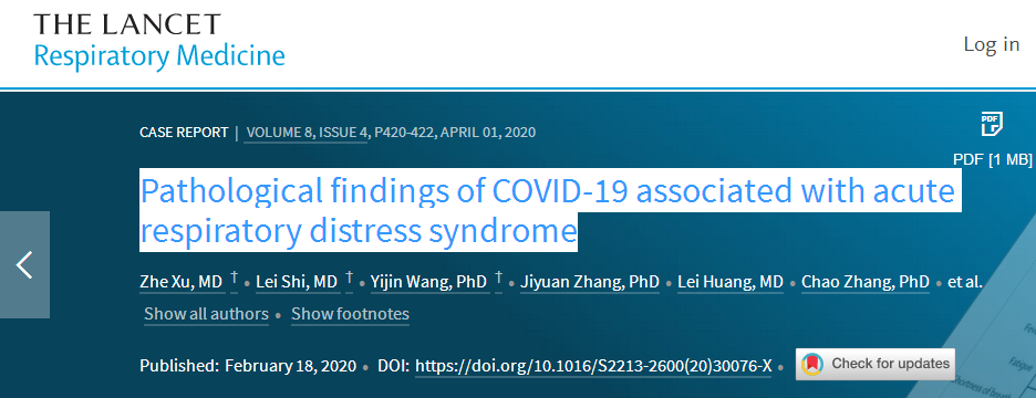 Artikel von The Lancet:
                  Pathological findings of COVID-19 associated with
                  acute respiratory distress syndrome, 18.2.2020