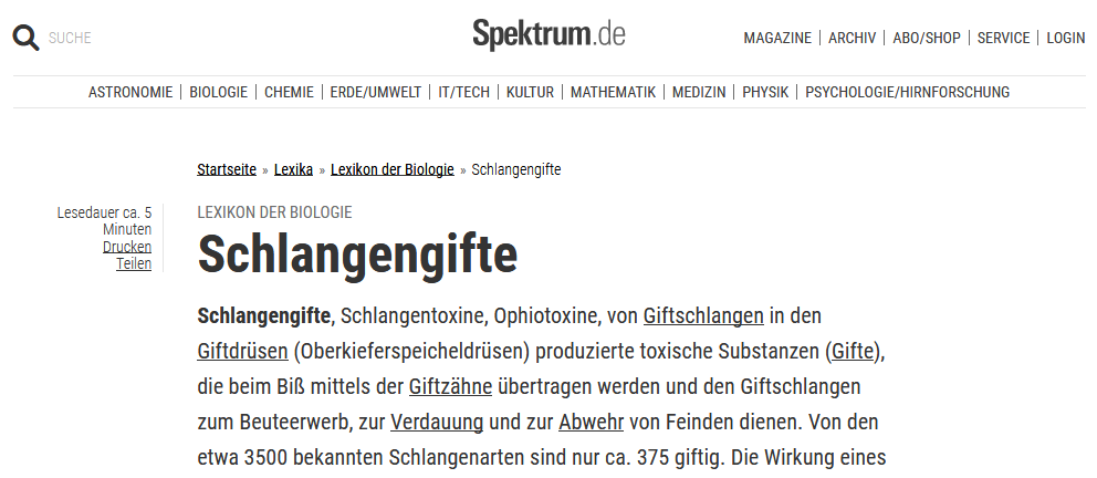 www.spektrum.de
                Biologielexikon: Artikel �ber Schlangengifte Schwarz auf
                Weiss