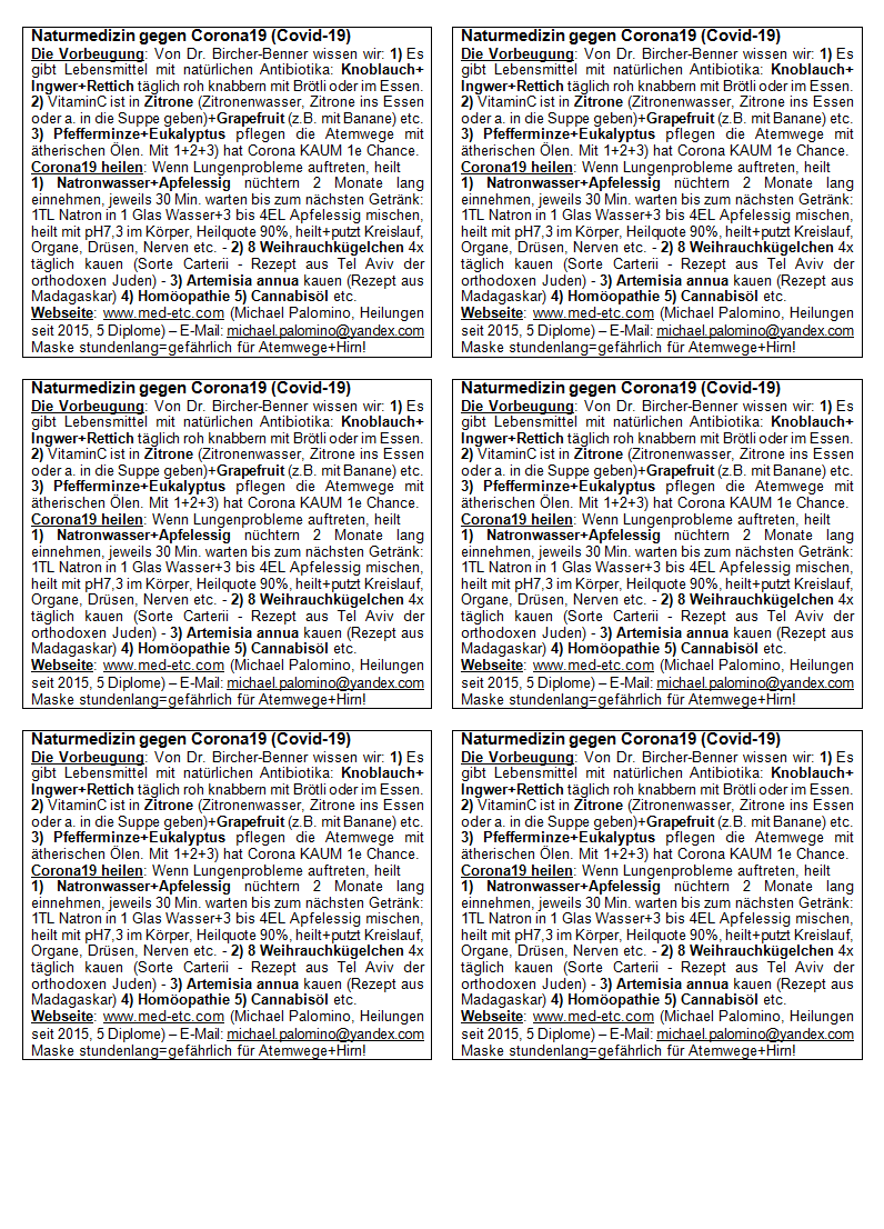 Flyer: Naturmedizin gegen Corona19, A4-Blatt
                      zum Ausschneiden und Verteilen