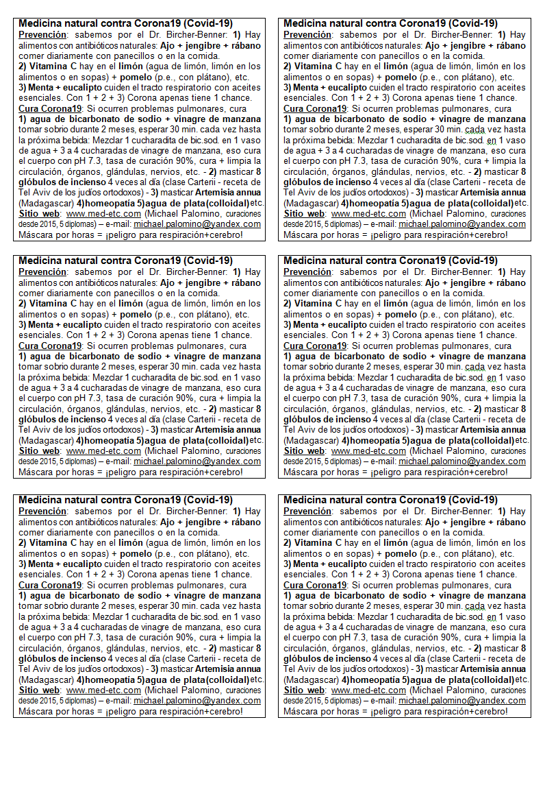 p�gina A4 con volantes (flyers) con la
                      medicina natural contra corona 19 (covid-19)