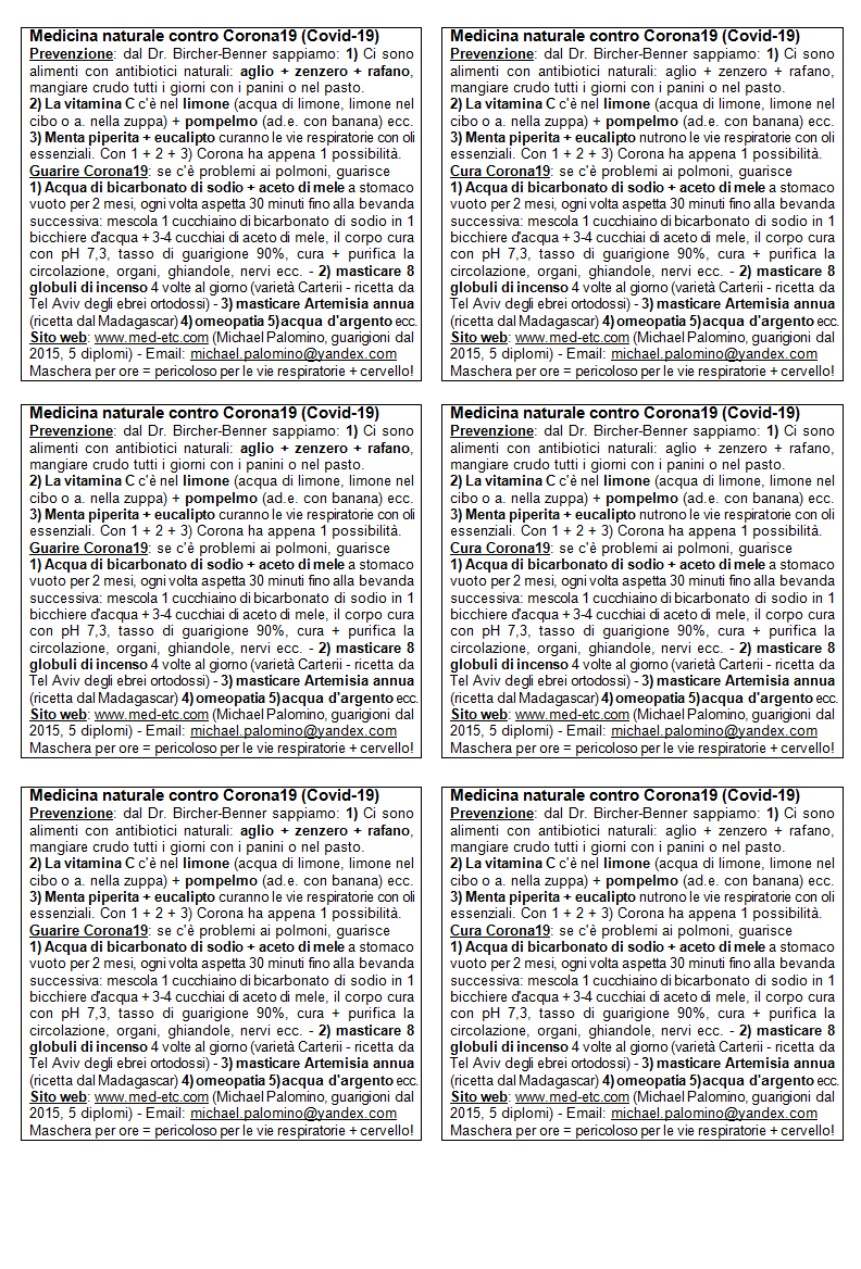 Flyer
                      (volantino) con la medicina naturale contro
                      Corona19 (Covid-19), pagina A4
