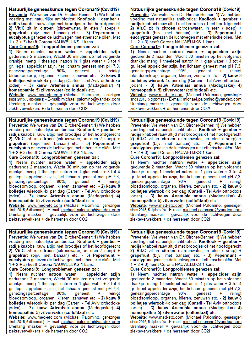 Flyer: natuurlijke
                      geneeskunde tegen corona19, vel A4
