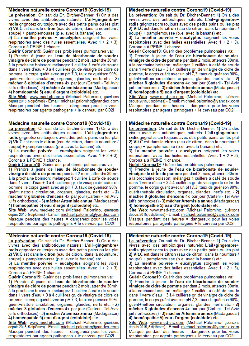 Flyer avec la m�decine naturelle contre
                      Corona19, page A4 pour couper et distribuer