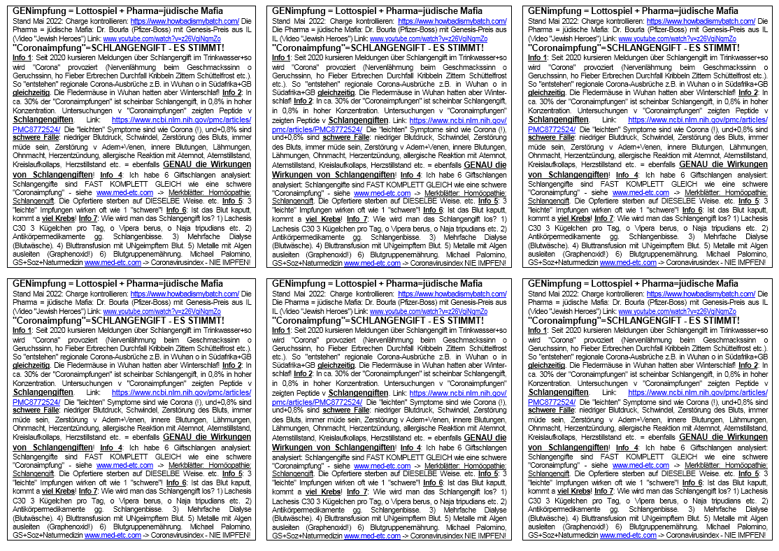 16.5.2022:
                  "Coronaimpfung" = SCHLANGENGIFT -
                  Flyerblatt