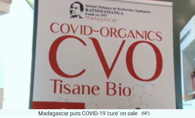 Madagaskar
                            8.5.2020: Das Etikett einer Kiste mit dem
                            Heilmittel gegen Corona19 mit dem
                            Hauptbestandteil Artemisia annua:
                            Covid-Organics (CVO)