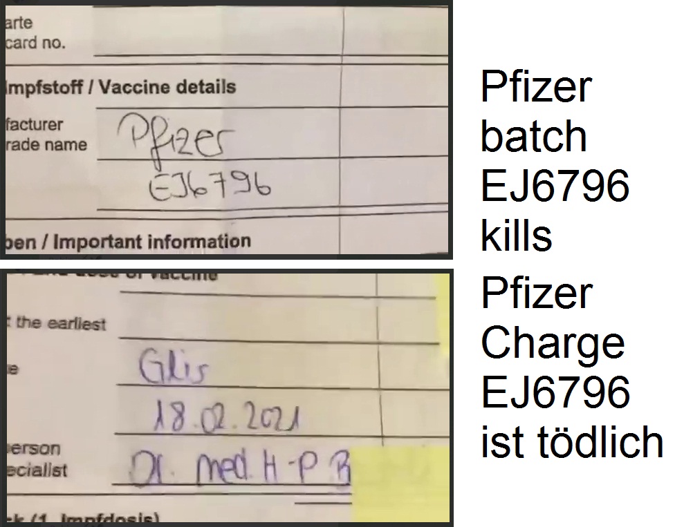 Die Pfizer-Charge EJ6796 wurde in
                              Brig gespritzt (Schweiz), das ist eine der
                              t�dlicchen Chargen, die die Leute umbring