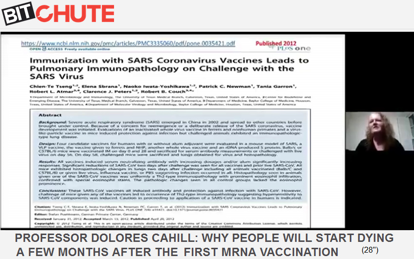 Dr. Dolores
                    Cahill advierte de una prueba de provocaci�n,
                    tormenta de citocinas, destrucci�n de los pulmones
                    etc. en 6 meses despu�s de una vacunaci�n gen�tica
                    con ARNm