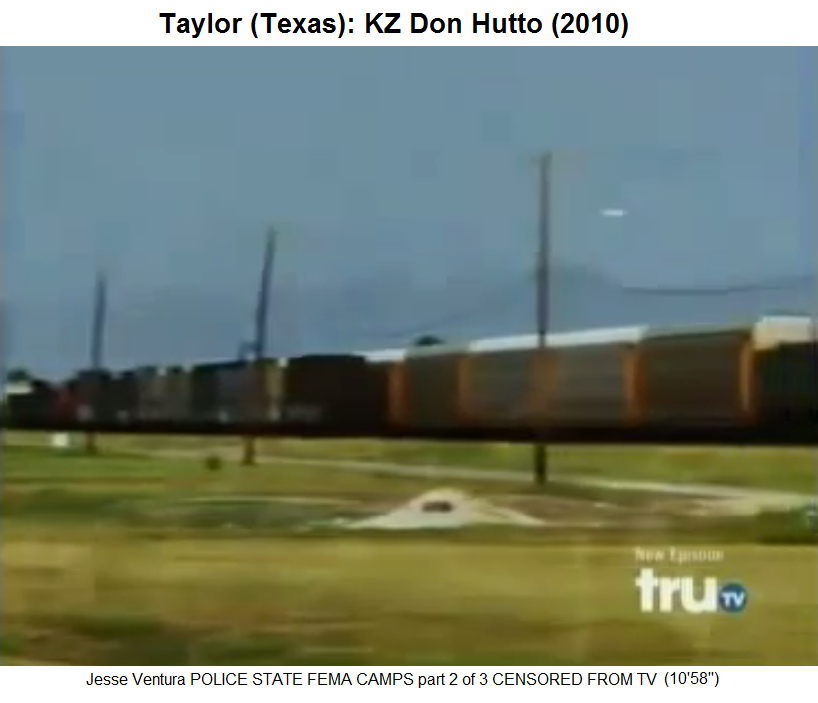 Taylor (Texas): Das KZ Don Hutto
                  ("residential center") mit Eisenbahngeleisen
                  nebendran