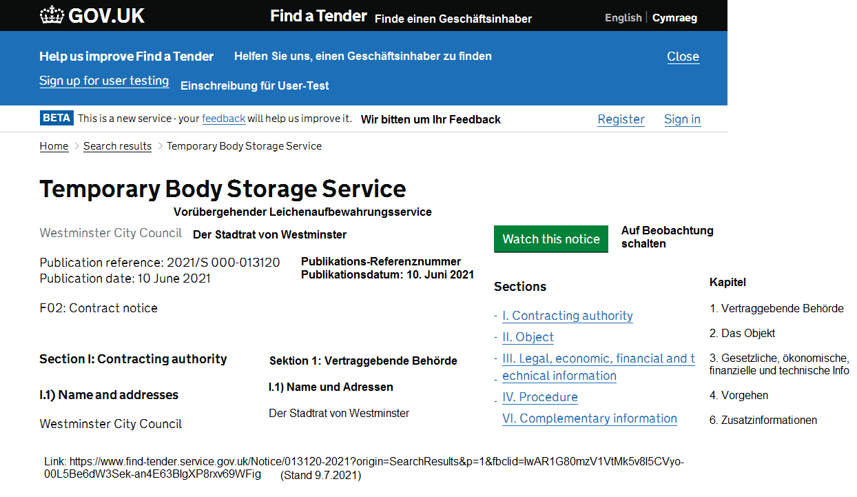 Ausschreibung in London vom 10.6.2021:
                      Vor�bergehender Leichenaufbewahrungsservice