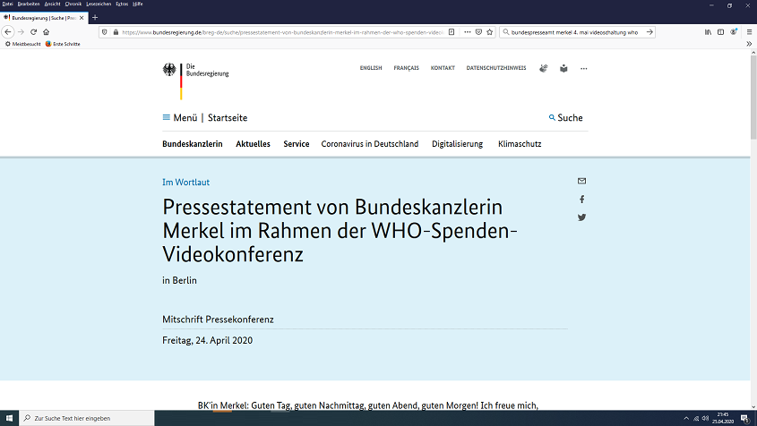 Frau Mossad-Merkel gibt am
                24.4.2020 eine Spendenkonferenz wegen Corona19
                (Covid-19) - mit Coronaviruspanik will sie Millionen
                "einziehen"