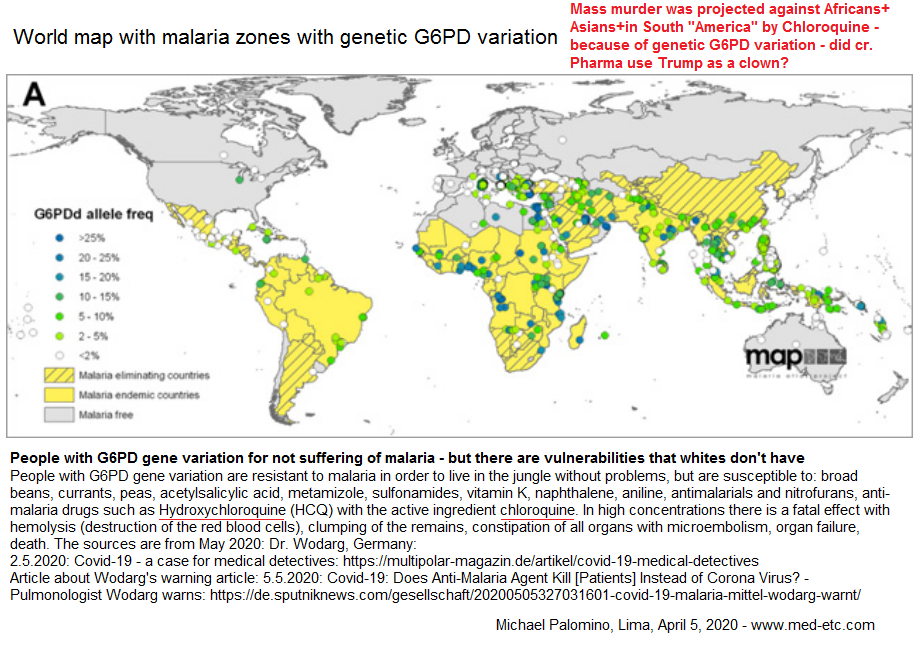 World map with
                    malaria areas with malaria zone people with the
                    genetic variation G6PD who are susceptible to
                    chloroquine