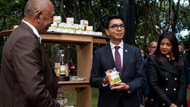 Der Präsident von Madagaskar präsentiert das
                  Naturheilmittel gegen Corona19 mit dem
                  Hauptbestandteil Artemisia annua, ausserdem Olibanum
                  und Curcuma