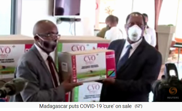 Madagaskar
                            8.5.2020: Der Aussenminister von Tansania
                            Kabudi und der Aussenminister von Madagaskar
                            Djacoba pr�sentieren eine Kiste mit dem
                            Heilmittel CVO gegen Corona19, das als
                            Hauptbestandteil Artemisia annua enth�lt