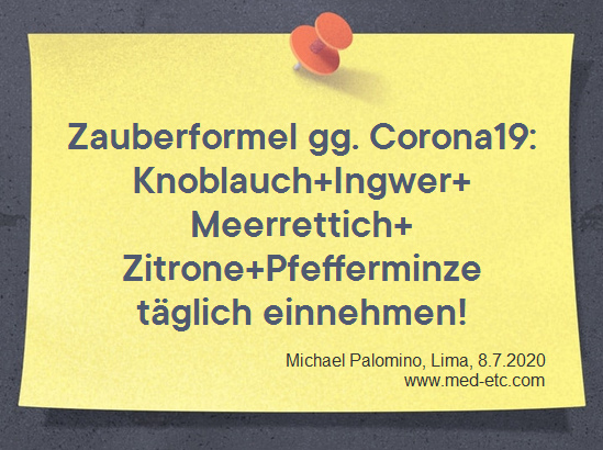 Zauberformel gegen Corona19: Knoblauch,
                        Ingwer, Meerrettich, Zitrone, Pfefferminze