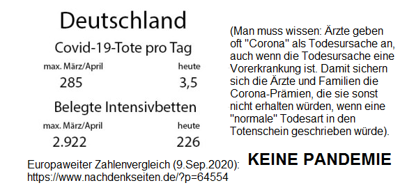 Deutschland am 9. September 2020: 3,5
                    Corona19-Tote pro Tag - das ist KEINE Pandemie [9]
                    (Man muss wissen: �rzte geben oft "Corona"
                    als Todesursache an, auch wenn die Todesursache eine
                    Vorerkrankung ist. Damit sichern sich die �rzte und
                    Familien die Corona-Pr�mien, die sie sinst nicht
                    erhalten w�rden, wenn eine "normale"
                    Todesart in den Totenschein geschrieben w�rde).