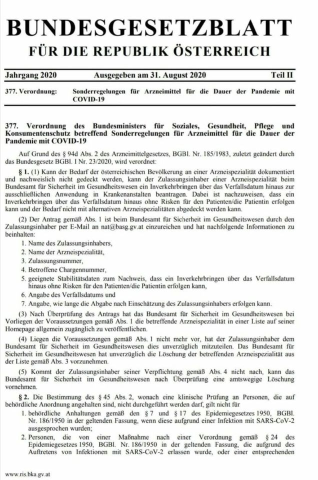 �sterreich
                erlaubt abgelaufene Medis in Spit�lern und Experimente
                an Quarant�neopfern