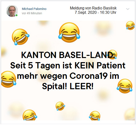 Der Kanton Basel-Land (BL) hat seit 5
                          Tagen KEINE Coronakranken mehr in Spit�lern,
                          Meldung von Radio Basilisk vom 7.9.2020 16:30
                          Uhr