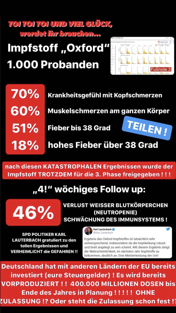 Nebenwirkungen der Corona19-Impfung
                "Oxford" von Bill Gates: �belkeit, Fieber und
                schwerer R�ckgang der weissen Blutk�rperchen
                (Immunabwehr)