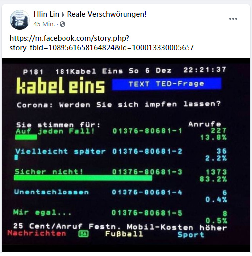 Impfumfrage bei Kabel1: 83%
                  wollen sich keinesfalls mit dem Pfizer-Gen-Impfstoff
                  impfen gegen Corona19 lassen