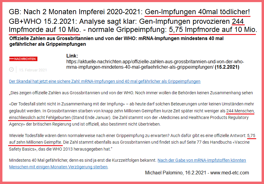 GB: Gen-Impfungen Pfizer+Moderna sind 40mal
                t�dlicher als normale Grippeimpfungen - 15.2.2021