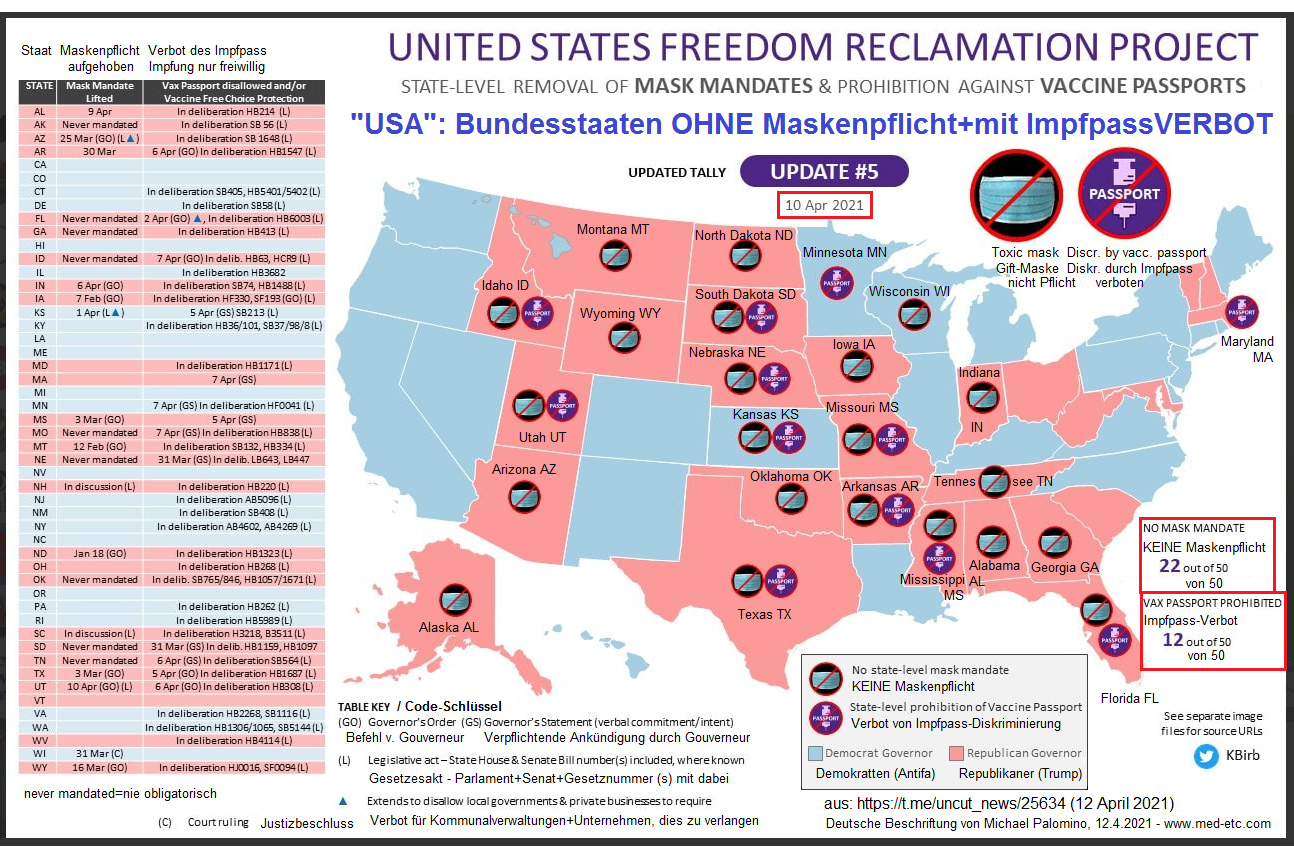KARTE DER
                            "USA" zum Aufh�ngen - Stand
                            10.4.2021 22 von 50 Staaten leben frei,
                            KEINE Maskenpflicht 12 von 50 Staaten haben
                            bereits ein VERBOT des diskriminierenden
                            Impfpasses