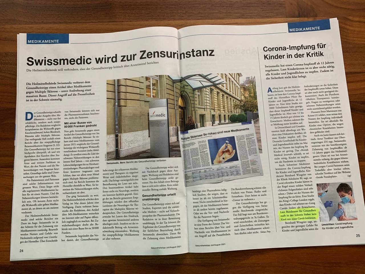 Foto mit
                                der Meldung: Swissmedic wird zur
                                Zensurinstanz
