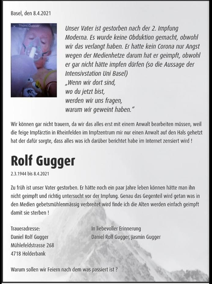 Genimpfopfer Schweiz 7.7.2021:
                              Todesanzeige Rolf Gugger