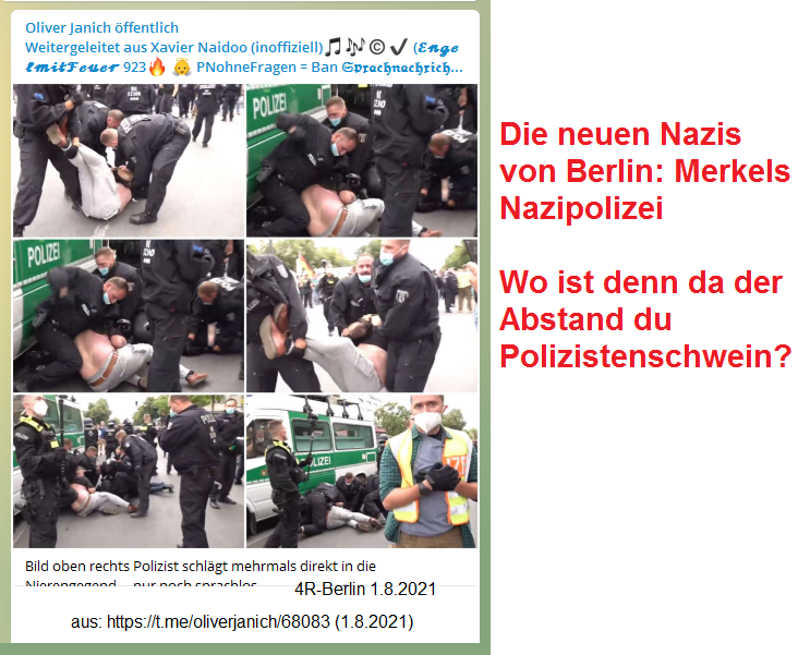 Widerstand 4R-Berlin am 1.8.2021: Kriminelle
                      Nazipolizei von Merkel h�lt den Abstand nicht ein,
                      sondern schl�gt in die Nierengegend: Bild oben
                      rechts Polizist schl�gt mehrmals direkt in die
                      Nierengegend ....nur noch sprachlos