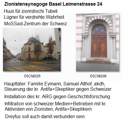 Zionistensynagoge Leimenstrasse 24 in Basel:
                      Hus f�r zionistischi Tubeli mit T�terangabe
                      Eymann, Althof, Dreyfus etc.