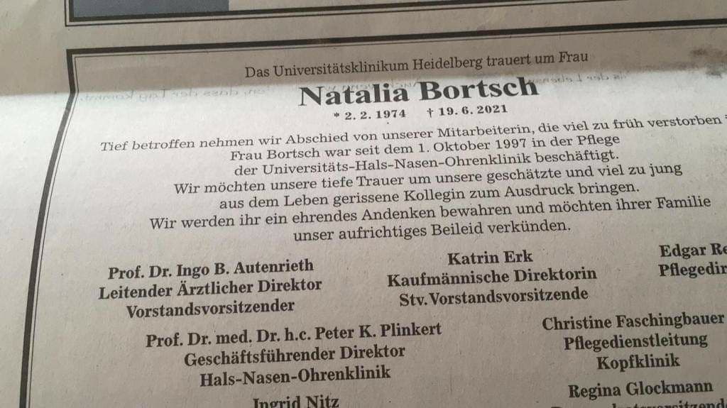 VIER Todesanzeigen
                          aus dem Klinikum Heidelberg vom Juni 2021:
                          Barth am 1.6.2021 - Bortsch am 19.6.2021