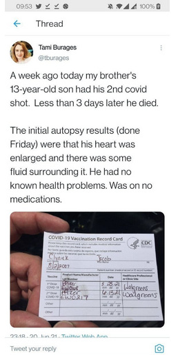 "USA" 29.7.2021: Bub (13) stirbt 3
                      Tage nach der Pfizer-Todesspritze