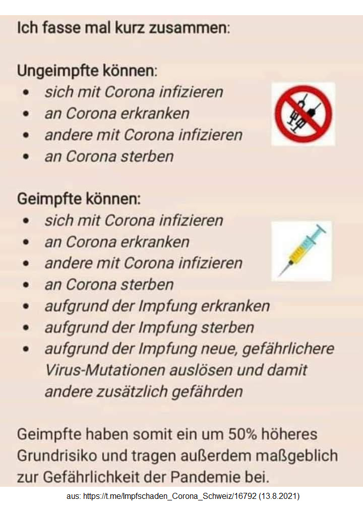 GENimpfschäden Schweiz
                      13.8.2021: Die GENgeimpften sind viel gefährlicher
                      als die UNgeimpften - Liste