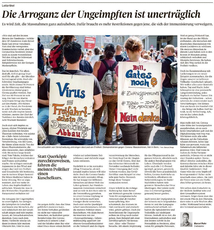 Die
                                        Pharma-Zeitung Basler Zeitung am
                                        14.8.2021: Chefredaktor Rohr
                                        ERFINDET eine "Arroganz der
                                        UNgeimpften"