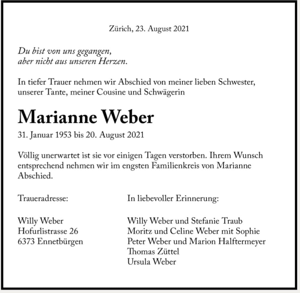GENimpfmord 27.8.2021: "Völlig unerwartet
                    gestorben" Marianne Weber