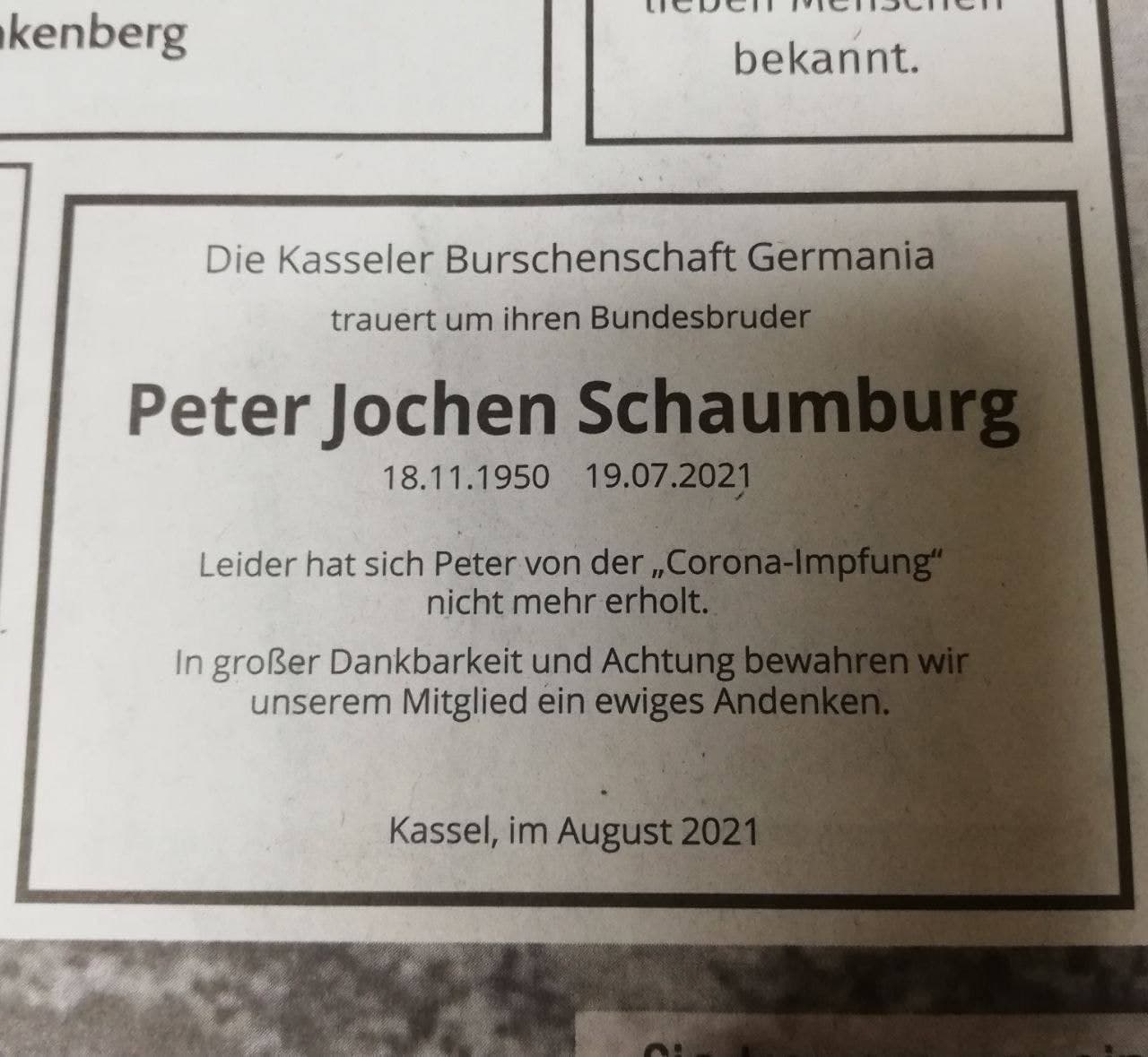 GENimpfmord
                          31.8.2021: Todesanzeige von Peter Jochen
                          Schaumburg