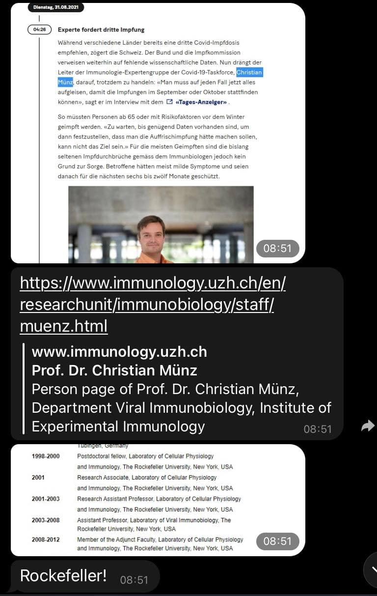 GENimpfwerbung
                        Unispital Z�rich 31.8.2021: Dr. Christian M�nz
                        von der "Taskforce" ist ein
                        Rockefeller-Anh�nger - und will allen die 3.
                        Todesimpfung geben!