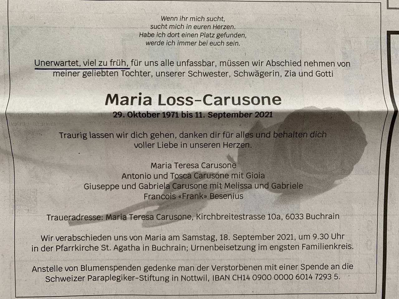 GENimpfmord 15.9.2021:
                    Todesanzeige Marie Loss 49 Jahre alt -
                    "unerwartet, viel zu früh" gestorben
