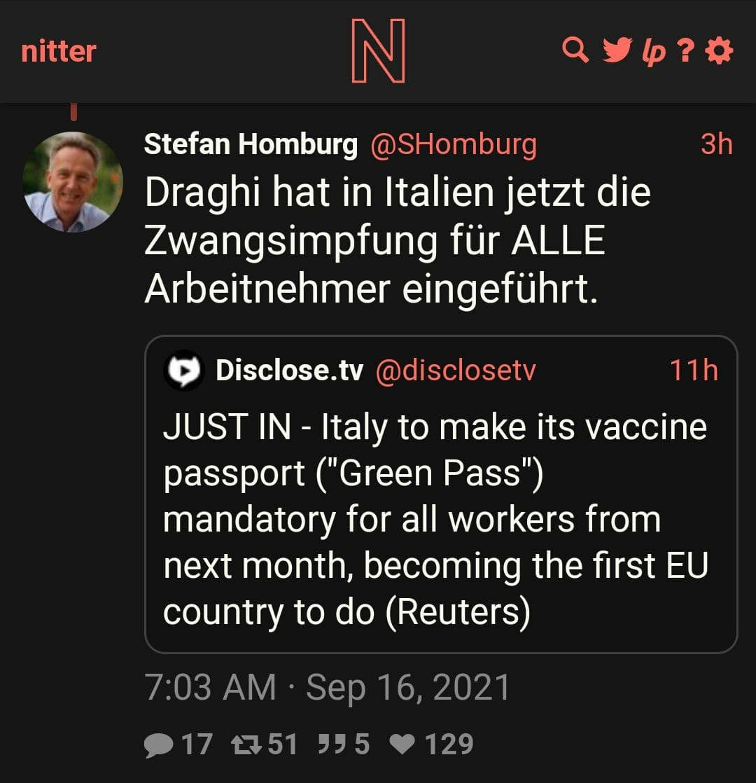 Fascho-Italien
                          16.9.2021: Satanist Draghi befiehlt t�dliche
                          GENimpfungen f�r alle ArbeitnehmerInnen