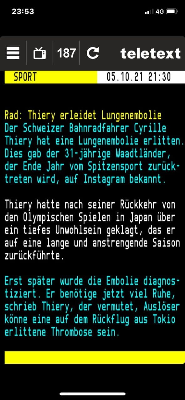 Verdacht
                        GENimpfschaden in der Fascho-Schweiz 6.10.2021:
                        Radrennfahrer Thiery hat Lungenembolie mit 31