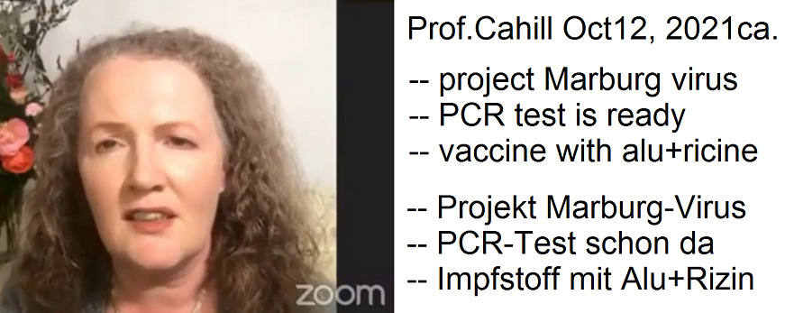 Video 14.10.2021: Frau Prof. Cahill
                  warnt: Marburg-Virus - Test schon da - Impfung mit
                  Alu+Rizin (6'19'')