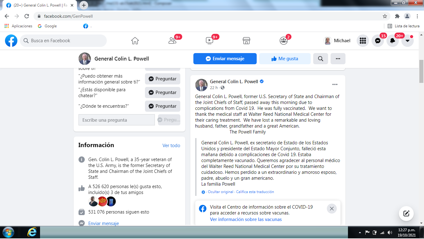 Massenm�rder und
                    L�gner Colin Powell 2fach GENgeimpft stirbt an
                    Komplikationen durch Corona, sein Facebook am
                    19.10.2021