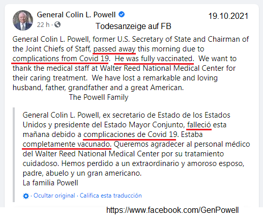 Massenmörder und
                  Lügner Colin Powell 2fach GENgeimpft stirbt an
                  Komplikationen durch Corona, sein Facebook am
                  19.10.2021, Zoom