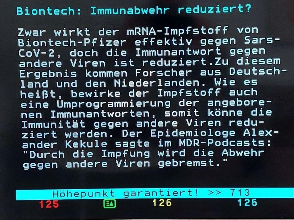 GENimpfschaden Immunsystem
                    27.10.2021: Studie im 4R sagt: Pfizer-GENimpfung
                    schw�cht das Immunsystem gegen andere Viren (!):
                    "Durch die Impfung wird die Abwehr gegen andere
                    Viren gebremst"