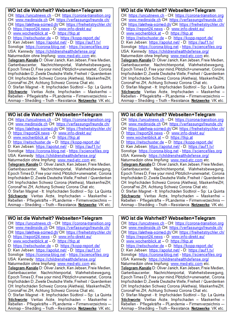 Widerstand D-A-CH 17.11.2021: Flyer mit
                Wahrheitsquellen, Webseiten und Telegramkan�len, das
                A4-Blatt zum Ausdrucken, Schneiden, Verteilen