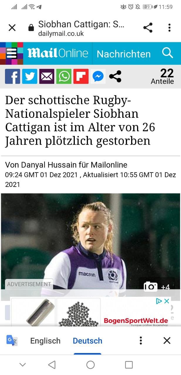 Verdacht GENimpfmord 1.12.2021: Schottische
                  Rugby-Nationalspielerin Cattigan ist mit 26 weg