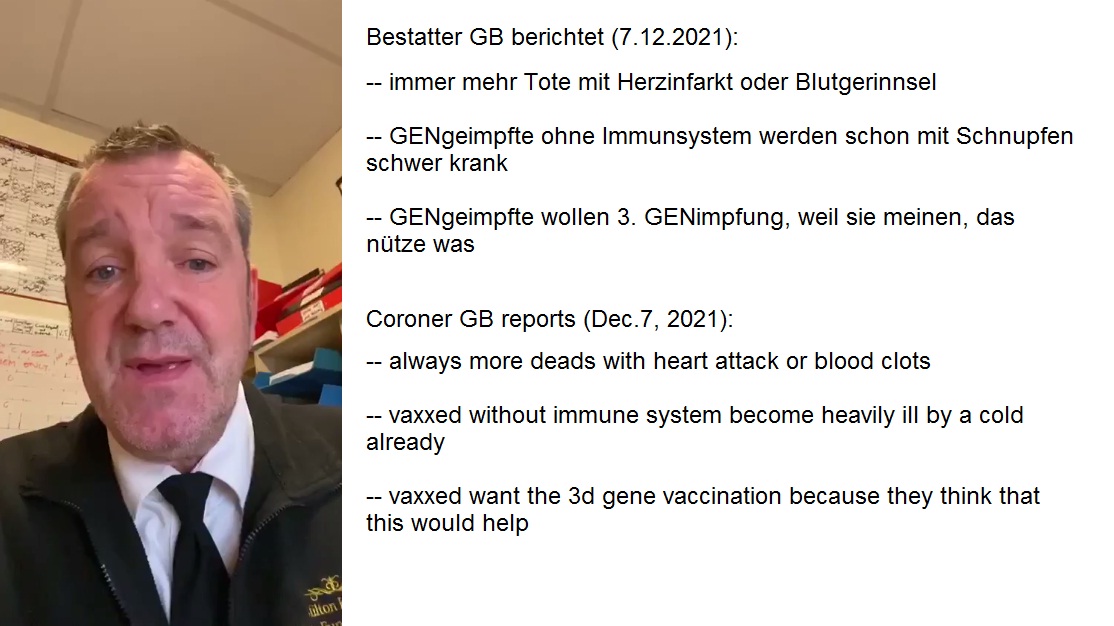 Bestatter von GB berichtet:
                    Haufenweise Tote mit Herzinfarkten+Blutgerinnseln,
                    und die GENgeimpften, die noch leben, werden nun
                    schwer krank wegen dem gesch�digten Immunsystem, und
                    sie wollen die 3. GENimpfung, weil sie glauben, das
                    w�rde helfen